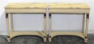 A Pair of Empire Style Painted Pier Tables Height 30 1/8 x width 32 x depth 12 inches.
