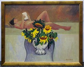 August Mosca, (American/Italian, 1909–2002), Nude Reading with Sunflowers