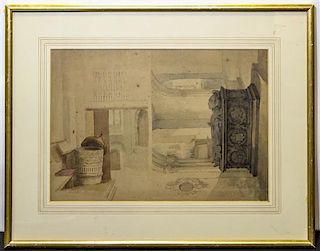 * David Roberts, (Scottish, 1796-1864), Tomb Scene Sketch and Cathedral Interior (a pair of works)