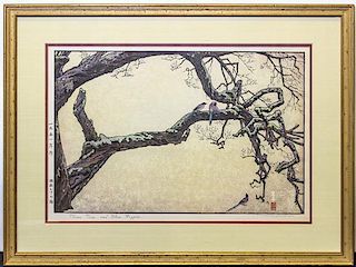 Toshi Yoshida, (Japanese, 1911-1995), Plum Tree and Blue Magpie