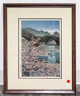 Kawase Hasui, (Japanese, 1883-1957), Spring Evening at Kintaikyo Bridge