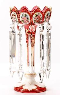 Moser Cranberry Glass Floral Motif Mantle Lustre