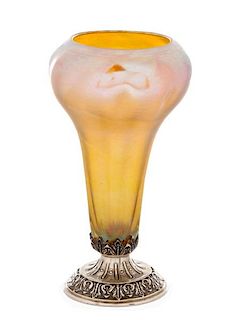 Sterling Mounted Tiffany Studios Gold Favrile Vase