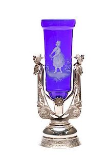 Mary Gregory Type Cobalt Vase on Silver Stand