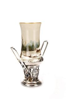 Victorian Silver & Hand Painted Glass Celery Vase
