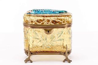 Amber Glass Enameled Salamander Box, Moser (attr)