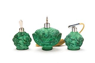 Set of 3 Malachite Glass Figural Perfume Bottles