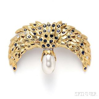 18kt Gold, Baroque Freshwater Pearl, Sapphire, and Diamond Brooch