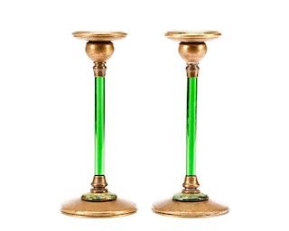 Tiffany Furnaces Emerald Glass & Bronze Candles