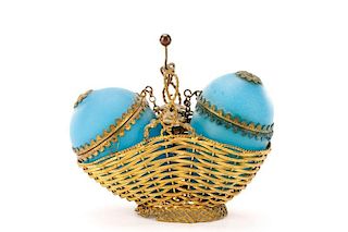 French Blue Opaline Glass Double Egg Basket