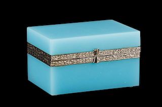 Blue Opaline Glass & Silver Metal Dresser Box