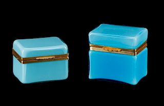 Two Italian Blue Cased Glass Dresser Boxes