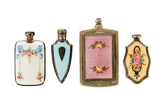 Four Diminutive Guilloche Enameled  Perfume Viles