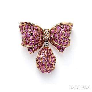 18kt Gold, Pink Sapphire, and Diamond Bow Brooch