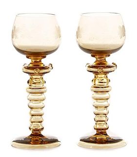 Pair, Amber Bohemian Blown Glass Footed Goblets