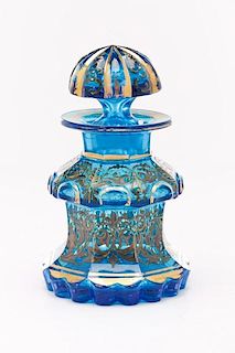 Bohemian Blue Cut Glass Enameled Bottle