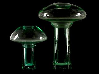 Pair of Green Blown Glass Mushroom Form Vases
