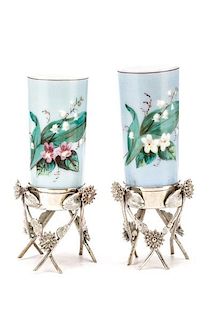 Pair of Victorian Glass Vases in Silver Stands