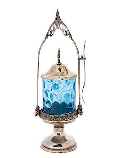 Victorian Blue Glass Decorated Pickle Caster