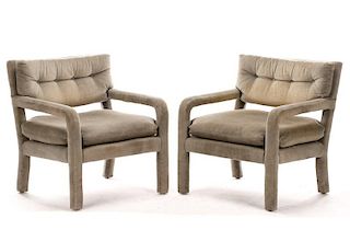 Pair Mid Century Gray Velvet Upholstered Armchairs