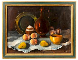 "Still Life with Peaches", Oil on Canvas, Signed