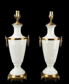 Pair, Paul Hansen Opaline Glass & Brass Urn Lamps