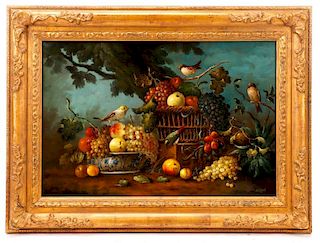 Jeannine Albert, "Birds in the Fruit Basket", Oil
