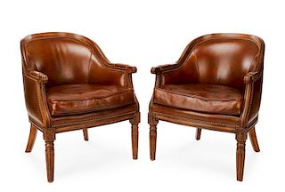 Pair of Leather & Brass Tacked Club Chairs