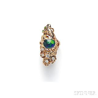 Art Nouveau 14kt Gold and Opal Peacock Ring, Walton & Co.