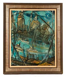 Nicholas Takis, "Modernist East River", Oil