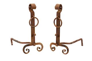 Pair, Arts and Crafts Wrought Iron Andirons