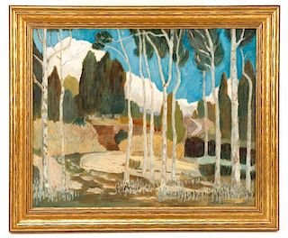 American School, "Landscape with Birch Trees", Oil