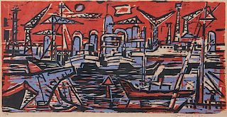 * Werner Drewes, (American, 1899-1985), Amsterdam Harbor, 1957