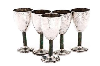 Set of 5 Inlaid Silver Plate Los Castillo Goblets