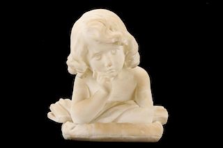 Italian Carved & Signed Alabaster "Pensive Girl"