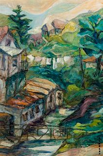 H. Safran, (American, 20th century), Untitled (hillside landscape with houses along a river),