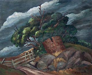 Hilda Hood, (American, 20th century), Untitled (rural landscape with heavy clouds),