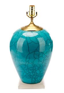 Turquoise Ceramic Lamp With Acrylic Base, Signed