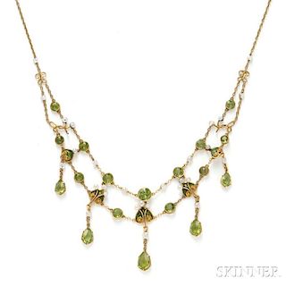 Art Nouveau 14kt Gold, Peridot, and Enamel Necklace