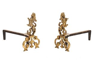 Pair, French Cast Brass Rampant Lion Andirons