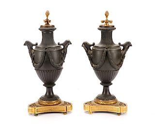 Pair, Empire Style Gilt & Patinated Metal Urns