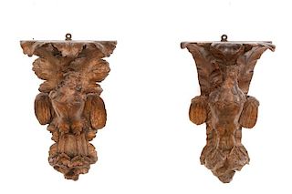 Pair 19th C Black Forest Carved Wood Wall Brackets