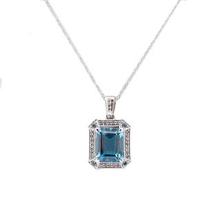 14k White Gold, Blue Topaz, & Diamond Necklace