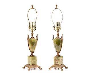 Pair, Green Onyx and Gilt Metal Table Lamps