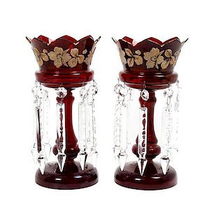 A Pair of Bohemian Ruby Glass Girandoles, Height 12 7/8 x diameter 6 1/2 inches.