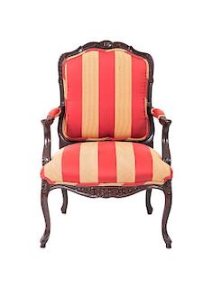 A Louis XV Style Red Striped Upholstered Chair, Height 38 x width 25 1/2 x depth 22 inches.