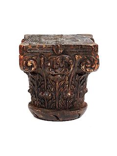 A Carved Corinthian Wooden Capital, Height 15 x width 13 1/2 x depth 13 1/2 inches.