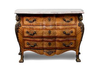 A Louis XV Style Gilt Bronze Mounted Fruitwood and Kingwood Commode, Height 34 1/2 x width 47 1/2 x depth 21 1/4 inches.