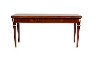 A Louis XVI Style Gilt Bronze Mounted Mahogany Flip-Top Console Table, Height 30 3/8 x width 62 7/8 x depth 19 5/8 inches.