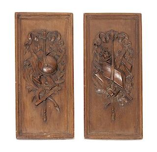 A Pair of French Faux-Painted Plaster Plaques, Height 30 x width 14 inches.